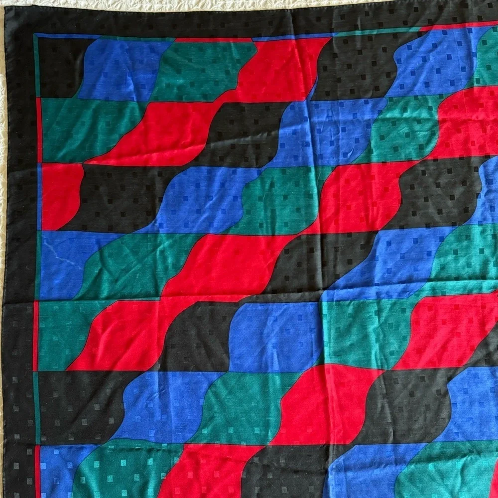 Ginnie Johansen Vintage Silk Scarf 35” Black Blue Green Red Rolled Edges